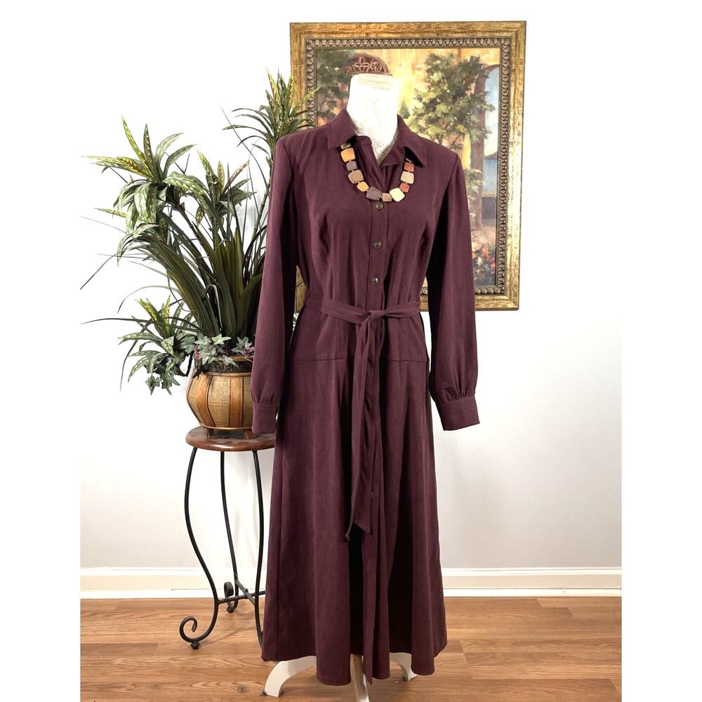 Sheri Martin New York Women's 10 Burgundy Midi Shirt Dress‎ Belted Long Sleeve